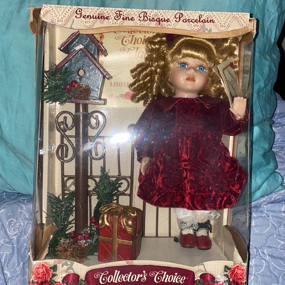 New Collector's Choice Genuine Fine Bisque Porcelain Christmas Doll Red Dress